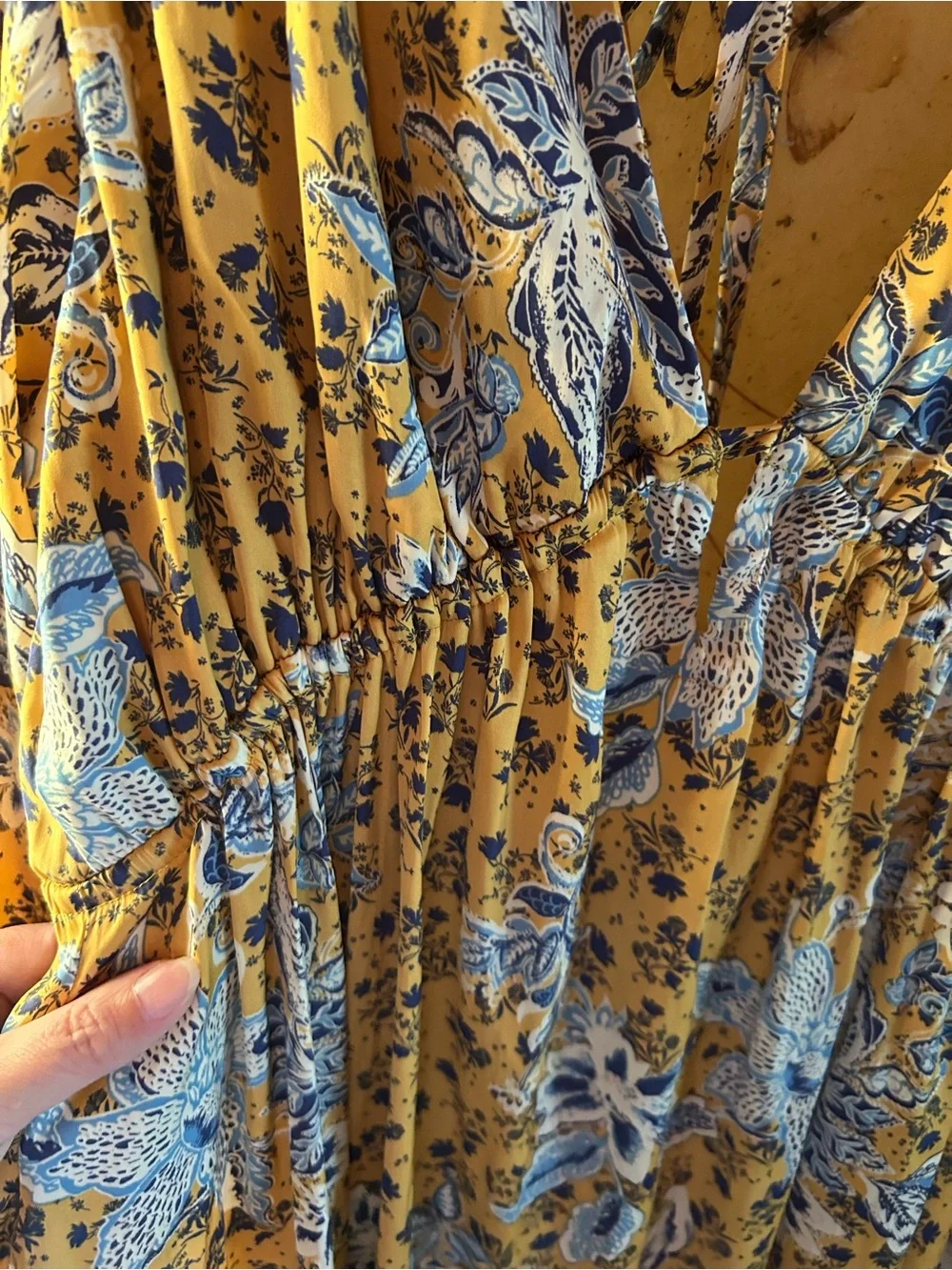Free People Floral Yellow V-Neck Long Sleeve Dress